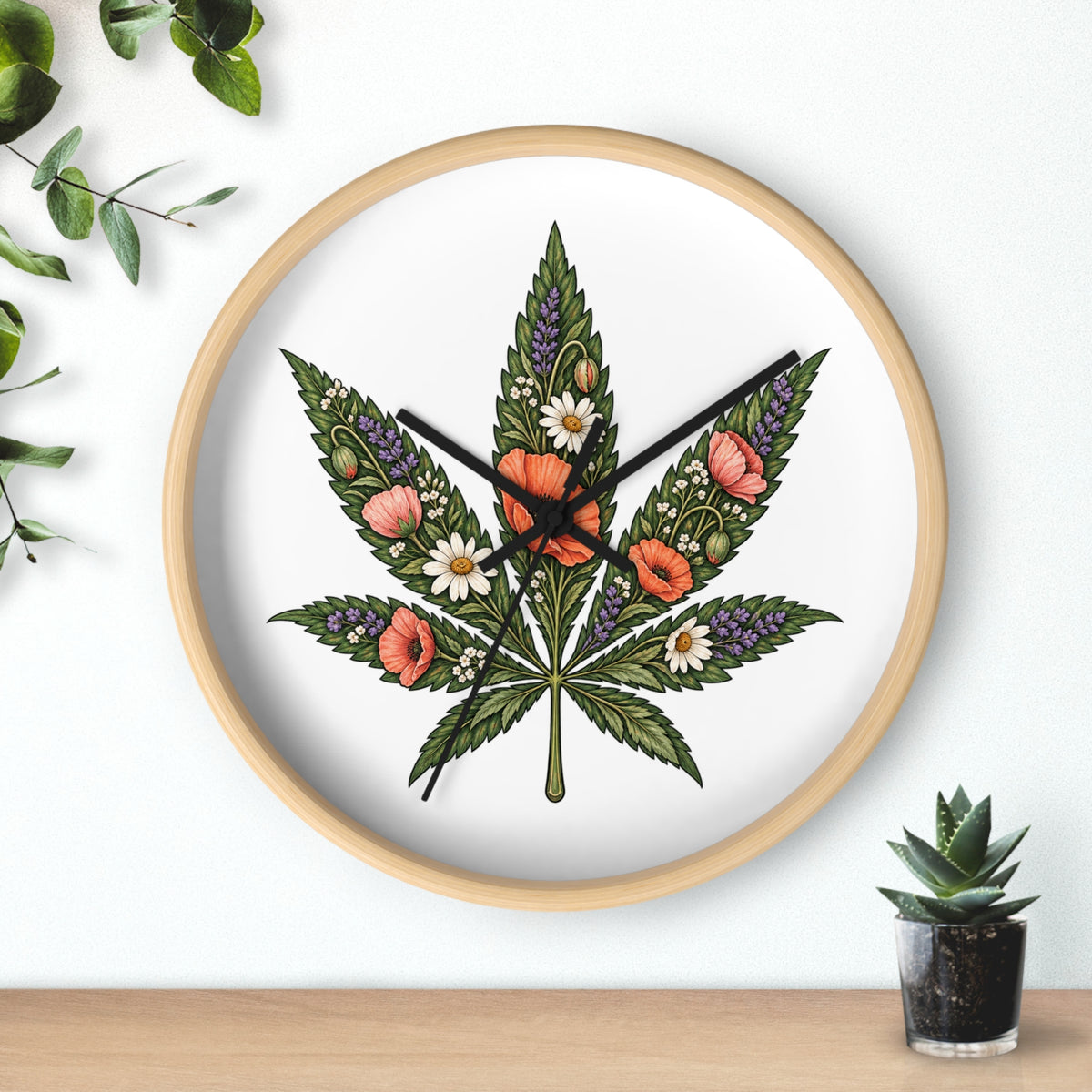 Botanical Cannabis Leaf Floral Wall Clock