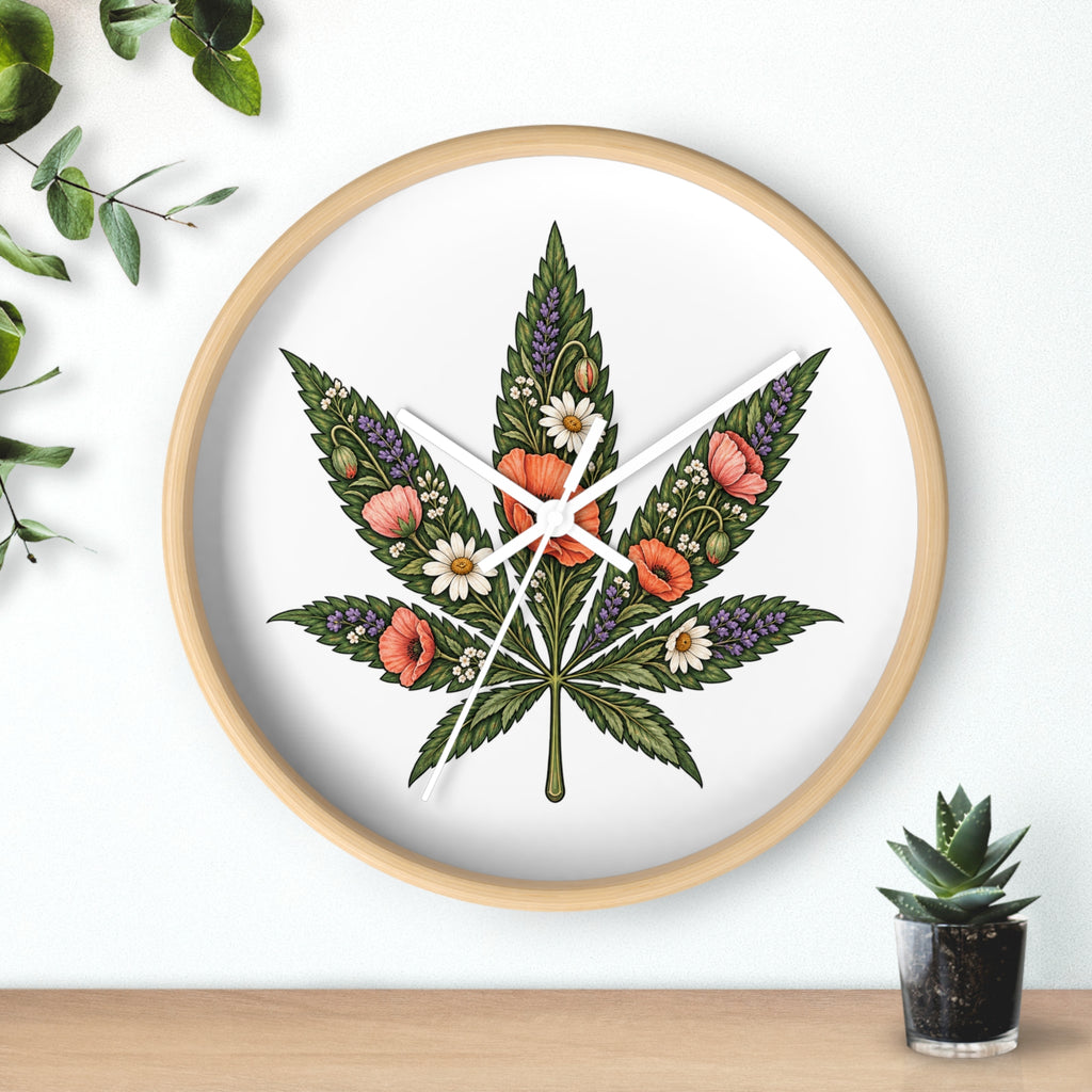 Botanical Cannabis Leaf Floral Wall Clock