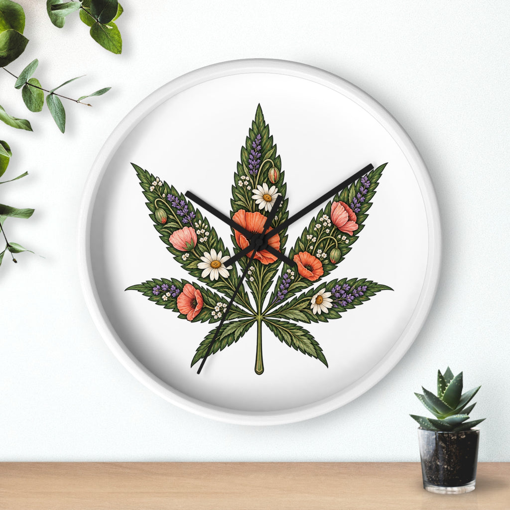 Botanical Cannabis Leaf Floral Wall Clock