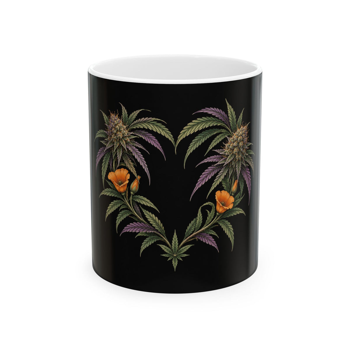 Botanical Heart Cannabis Mug — Floral Weed Art Ceramic Coffee Cup (11oz/15oz)