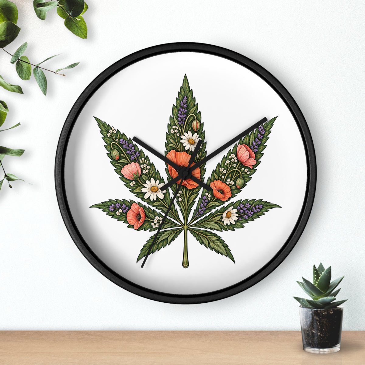 Botanical Cannabis Leaf Floral Wall Clock