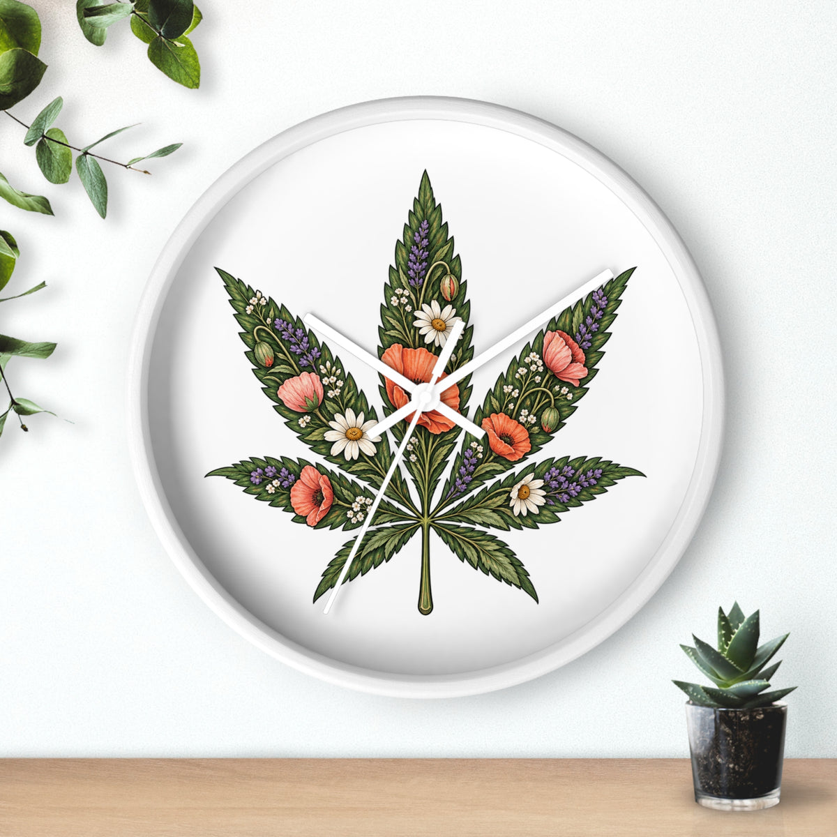Botanical Cannabis Leaf Floral Wall Clock