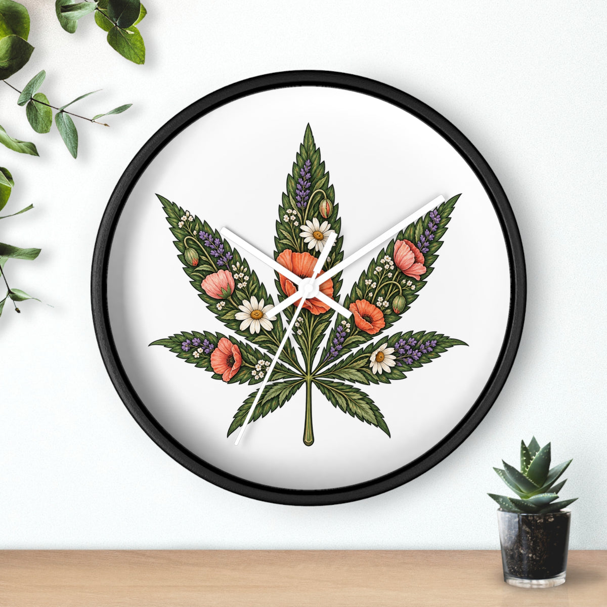 Botanical Cannabis Leaf Floral Wall Clock
